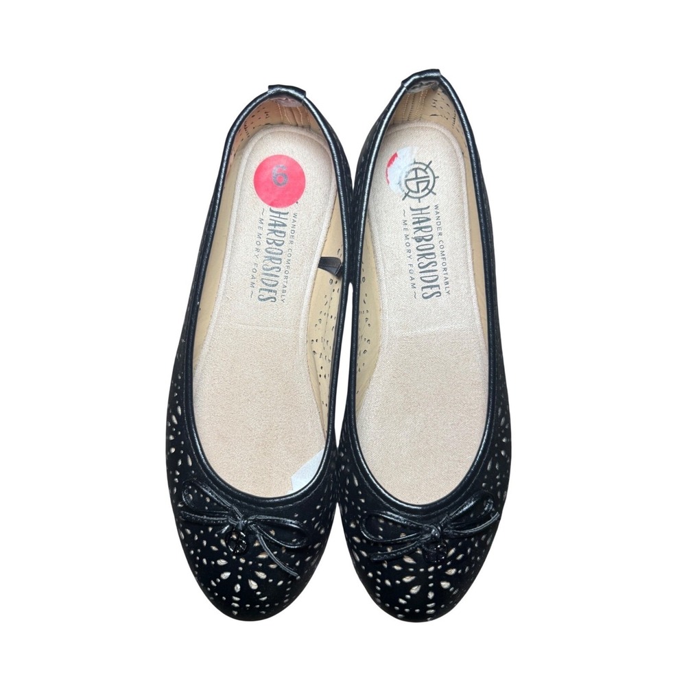 Harborsides Flats Women Size 6 Black Laser Cut Memory Foam Bow